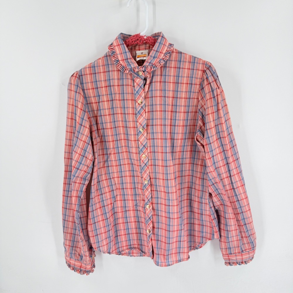 Vintage Western Wrangler Button Up Shirt Pink Blue Plaid 12 Ruffle Collar